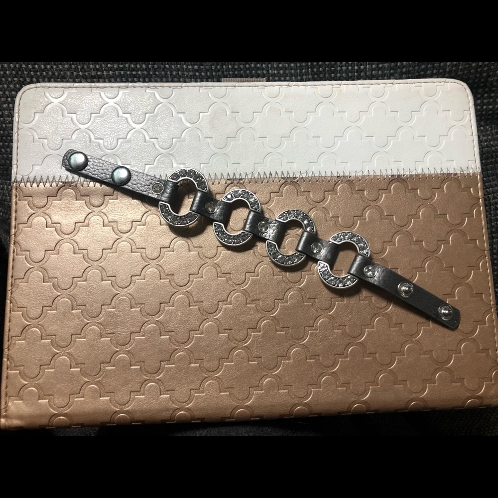 Rhinestone silver and leather bracelet. Brand new!